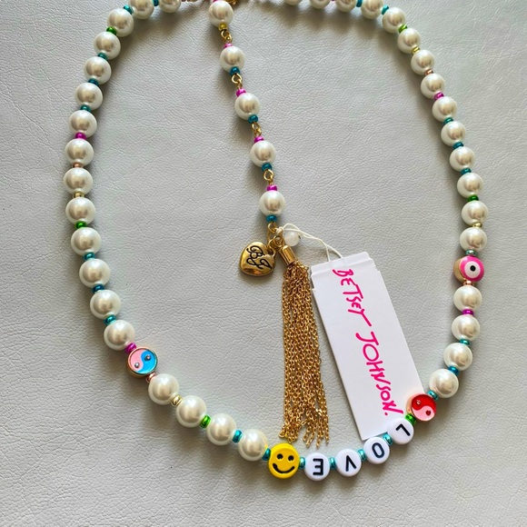 Betsey Johnson LOVE Pearl Rainbow Gold Tone Tassel Extender Collar Necklace NWT - Picture 14 of 14